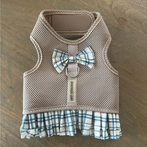 Parisian Works Beige Dog Harness with Blue Plaid Bow size M